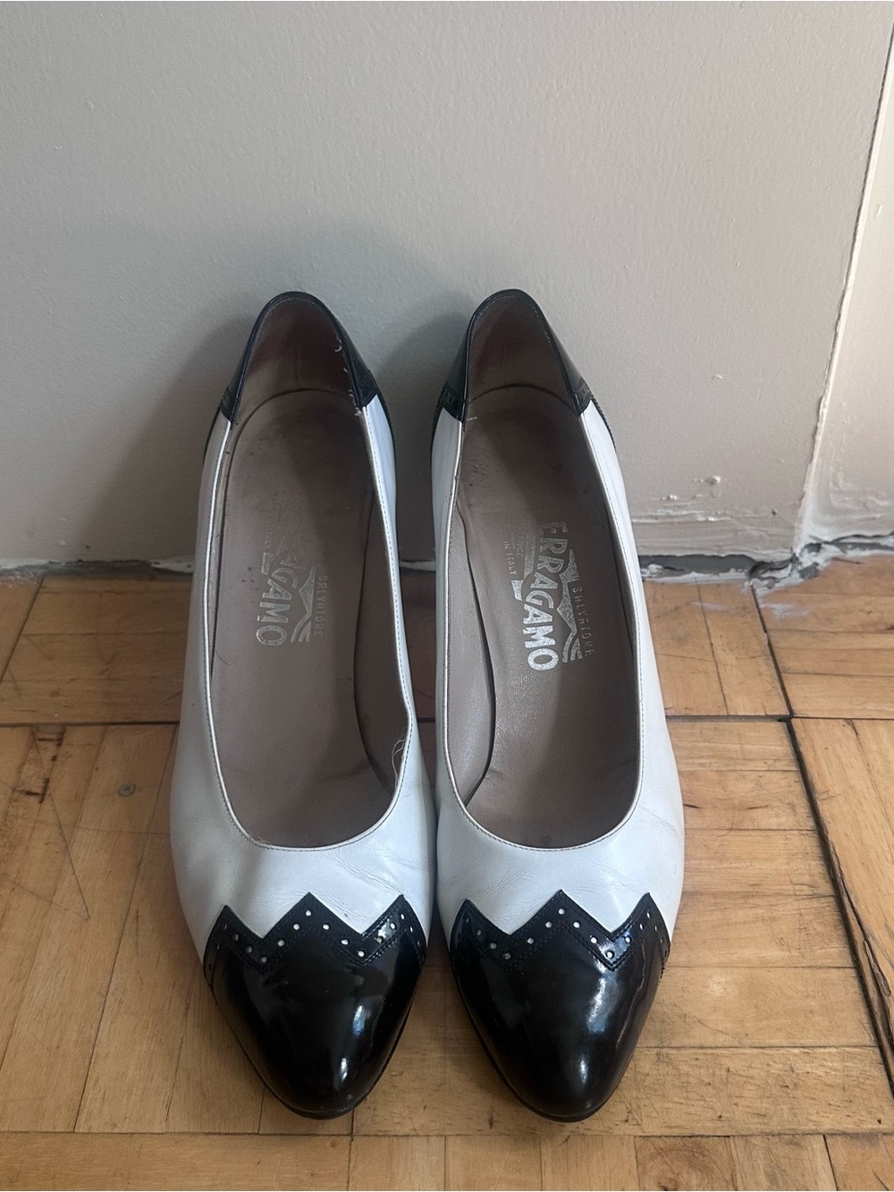 Salvatore Ferragamo White and Black Two-Tone Pointed Toe Pumps